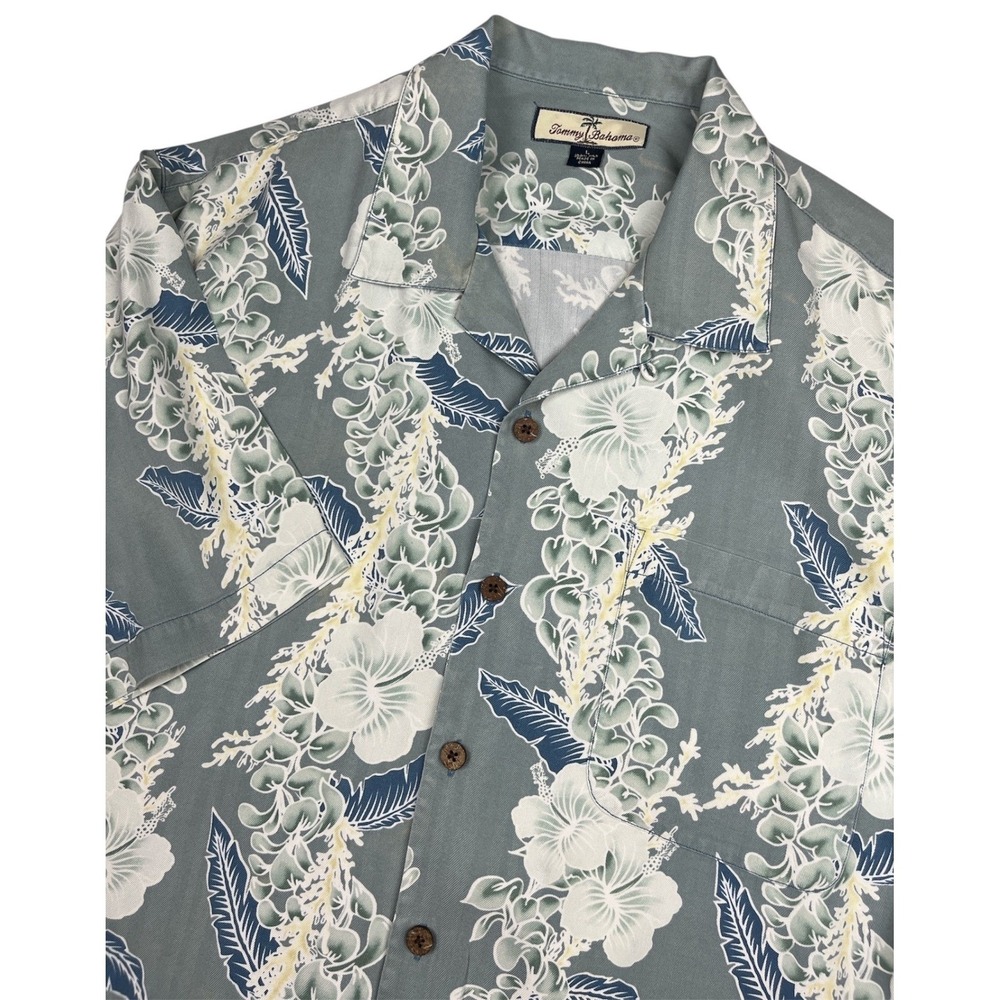 Tommy Bahama EUC Camp Shirt Men's L Sage Green‎ 100% Silk Floral Print